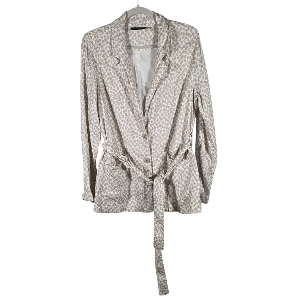 Tahari‎ Linen Blend Belted Blazer Womens M Tan Geometric Print Business Casual
